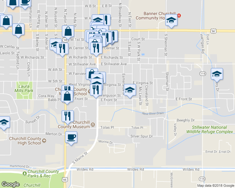 map of restaurants, bars, coffee shops, grocery stores, and more near 695 Douglas Street in Fallon