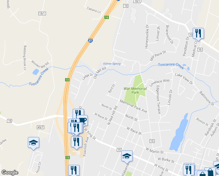 map of restaurants, bars, coffee shops, grocery stores, and more near 102 Byrd Drive in Martinsburg