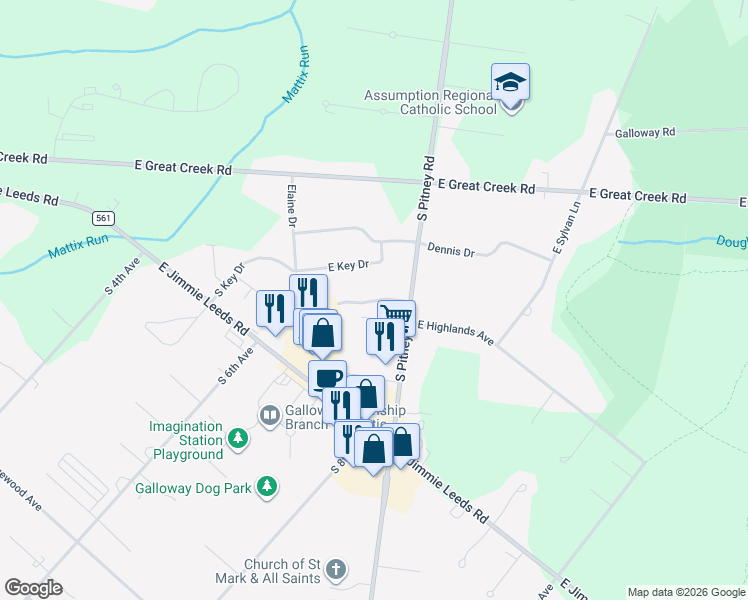 map of restaurants, bars, coffee shops, grocery stores, and more near 349 Town Center Drive in Absecon