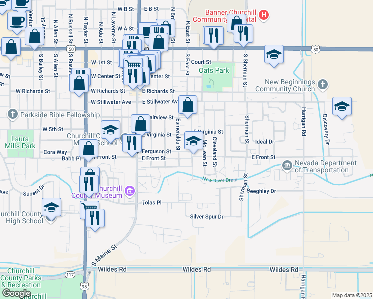 map of restaurants, bars, coffee shops, grocery stores, and more near 325 Ferguson Street in Fallon