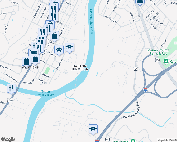 map of restaurants, bars, coffee shops, grocery stores, and more near Patrick Drive in Pleasant Valley