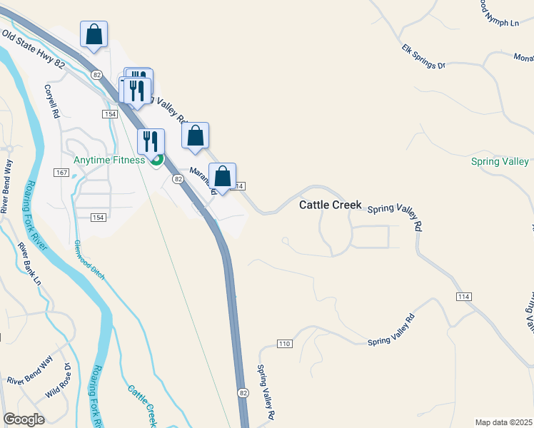 map of restaurants, bars, coffee shops, grocery stores, and more near 1376 Spring Valley Road in Glenwood Springs
