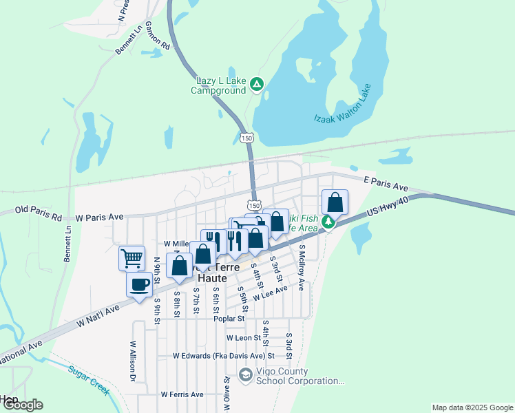 map of restaurants, bars, coffee shops, grocery stores, and more near 201-299 W Johnson Ave in West Terre Haute