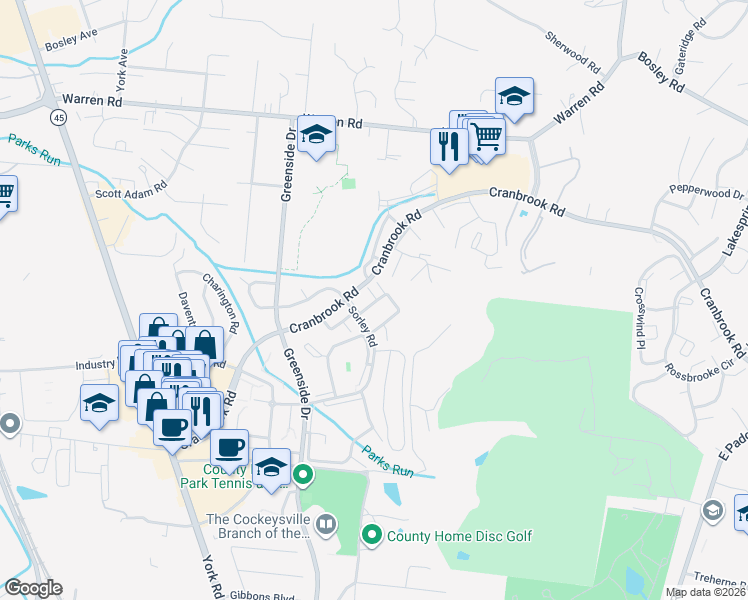 map of restaurants, bars, coffee shops, grocery stores, and more near 12 Watkins Glen Court in Cockeysville
