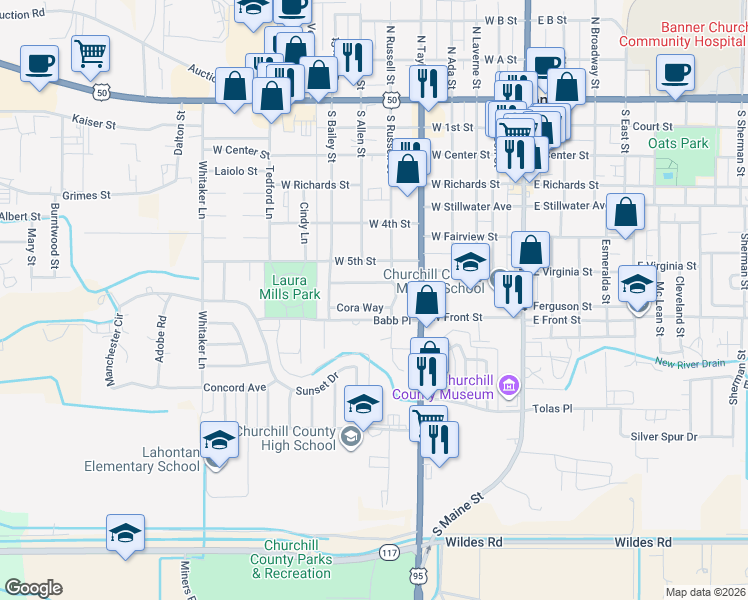 map of restaurants, bars, coffee shops, grocery stores, and more near 550 Cora Way in Fallon
