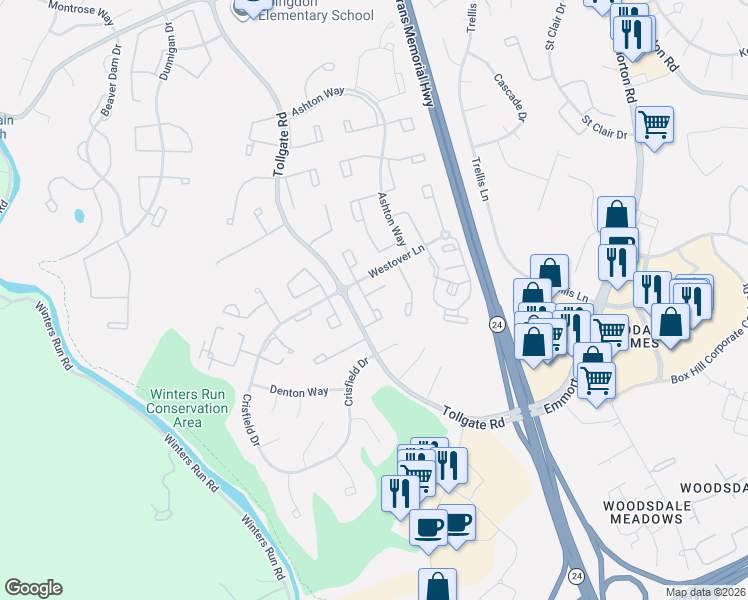 map of restaurants, bars, coffee shops, grocery stores, and more near 3405 Clairborne Way in Abingdon