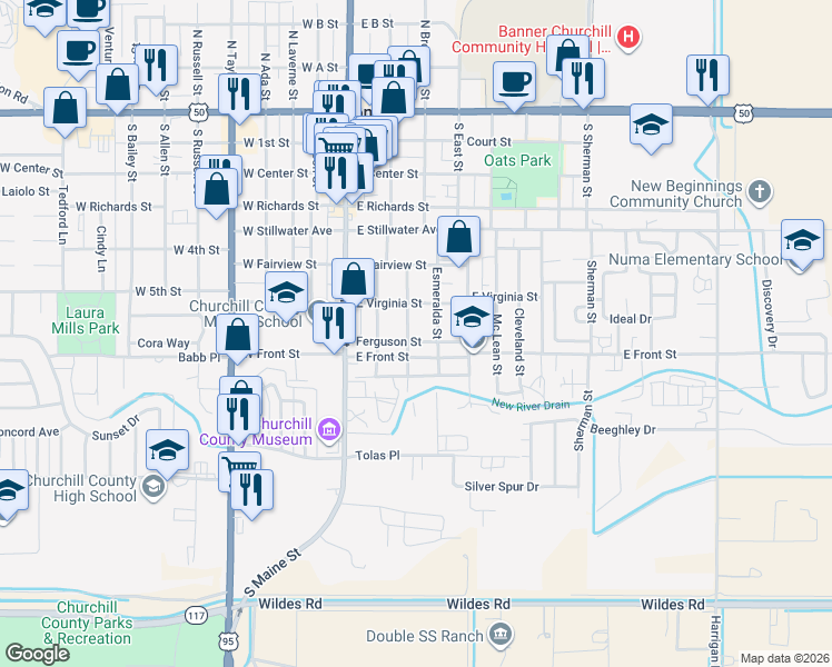 map of restaurants, bars, coffee shops, grocery stores, and more near 695 Douglas Street in Fallon