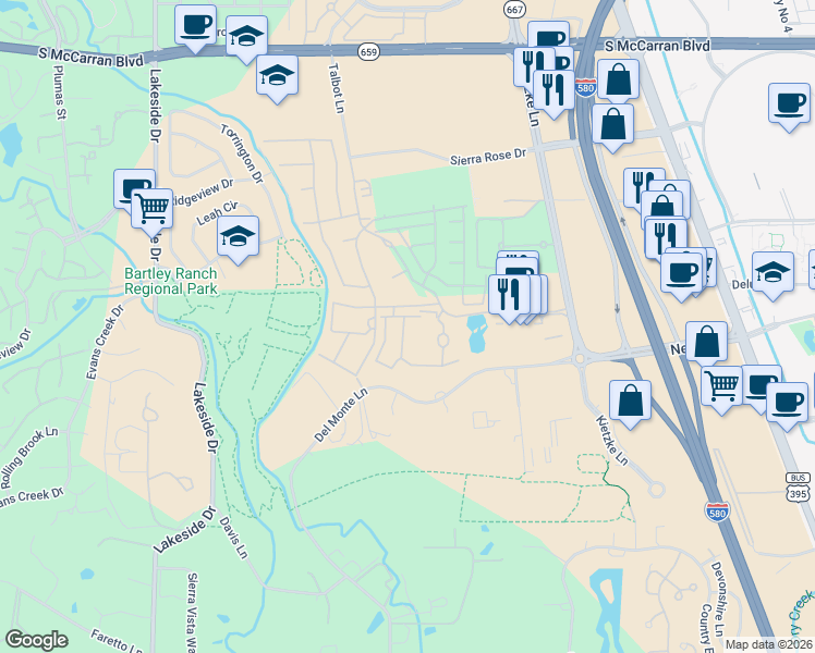 map of restaurants, bars, coffee shops, grocery stores, and more near 6125 Talbot Lane in Reno
