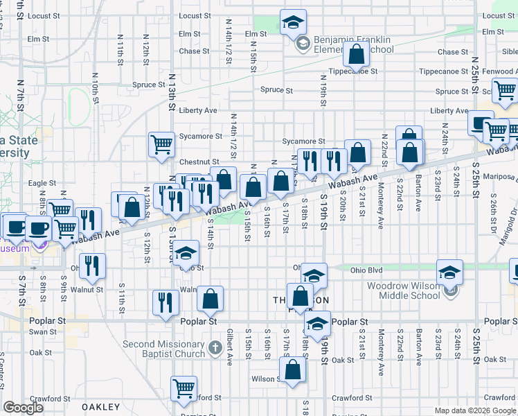 map of restaurants, bars, coffee shops, grocery stores, and more near 20 South 15th Street in Terre Haute