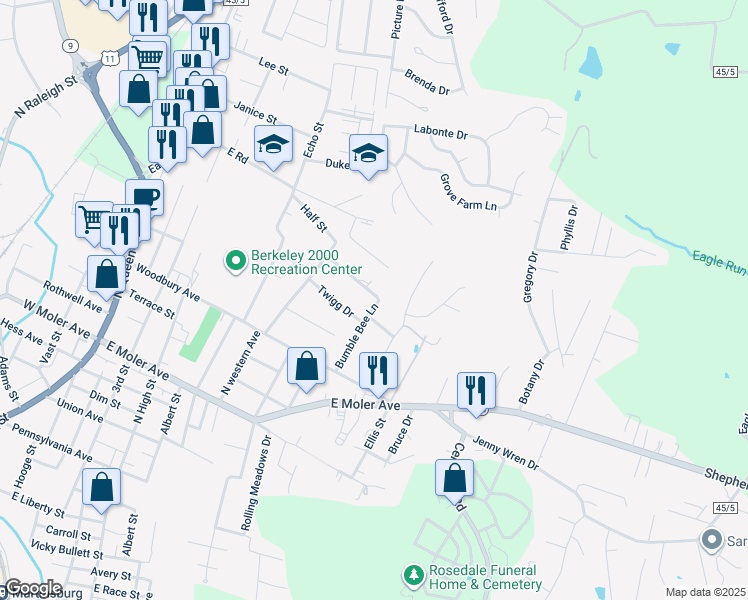 map of restaurants, bars, coffee shops, grocery stores, and more near 313 Legion Street in Martinsburg