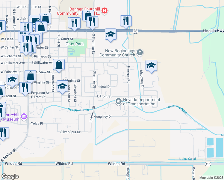 map of restaurants, bars, coffee shops, grocery stores, and more near 750 East Stillwater Avenue in Fallon
