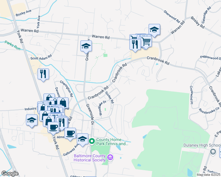 map of restaurants, bars, coffee shops, grocery stores, and more near 10 Watkins Glen Court in Cockeysville