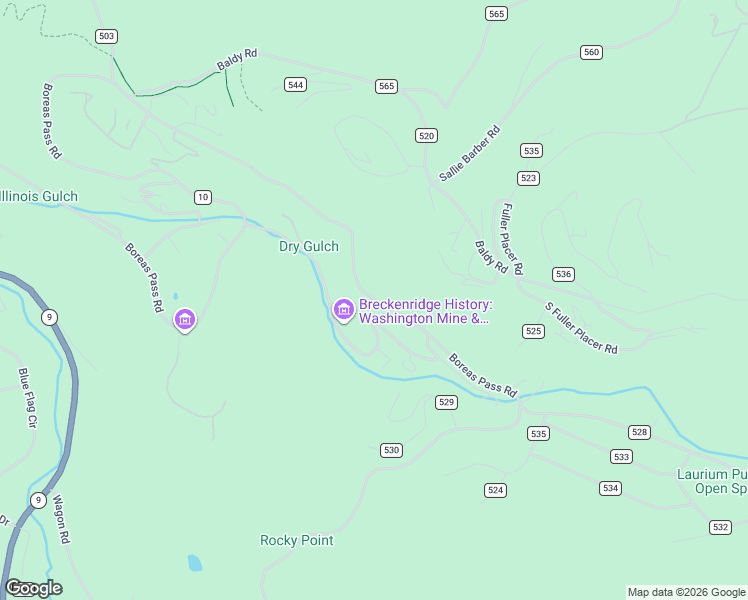 map of restaurants, bars, coffee shops, grocery stores, and more near 2612 Boreas Pass Road in Breckenridge