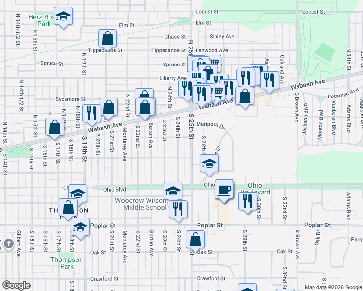 map of restaurants, bars, coffee shops, grocery stores, and more near 2421 Warren Street in Terre Haute