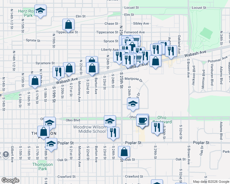 map of restaurants, bars, coffee shops, grocery stores, and more near 2421 Warren Street in Terre Haute