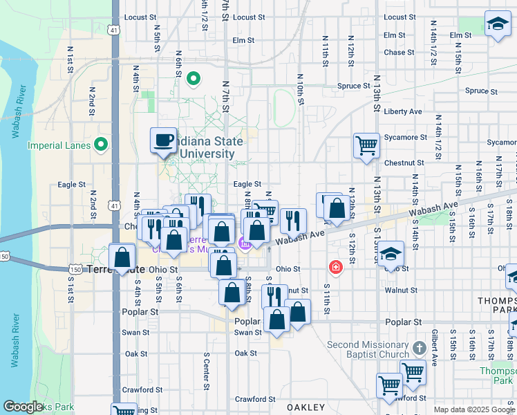 map of restaurants, bars, coffee shops, grocery stores, and more near 100-198 North 9th Street in Terre Haute