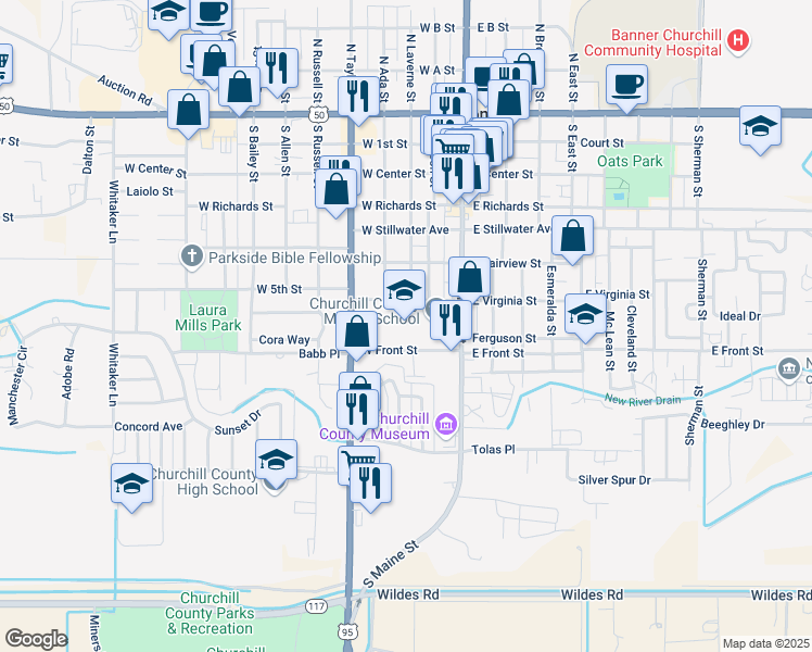 map of restaurants, bars, coffee shops, grocery stores, and more near 650 South Maine Street in Fallon