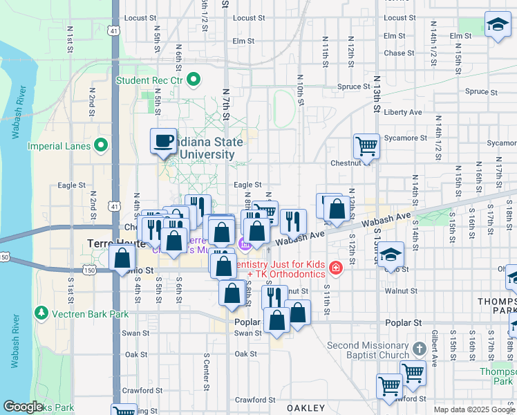 map of restaurants, bars, coffee shops, grocery stores, and more near 200 North 8th Street in Terre Haute