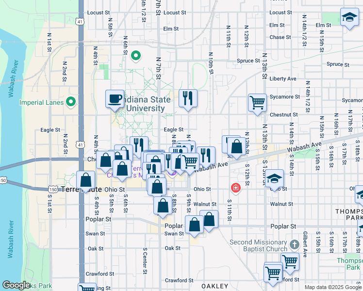 map of restaurants, bars, coffee shops, grocery stores, and more near 200 North 8th Street in Terre Haute