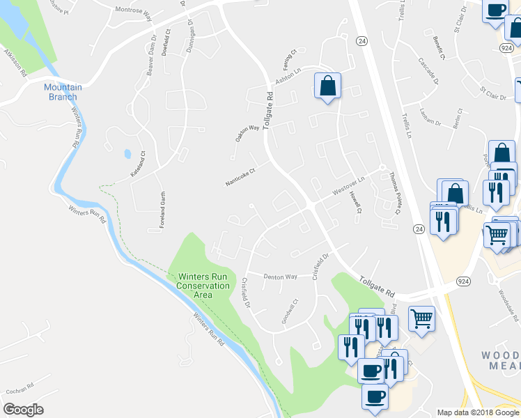 map of restaurants, bars, coffee shops, grocery stores, and more near 627 Stone Mill Court in Abingdon