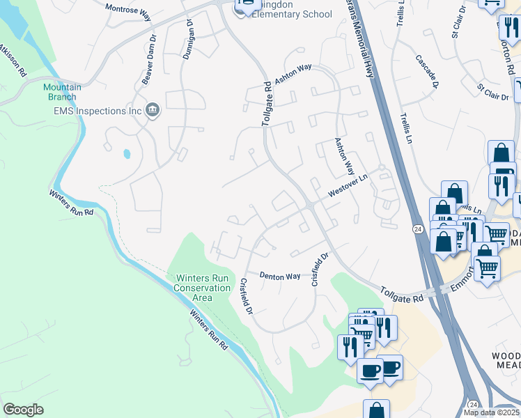map of restaurants, bars, coffee shops, grocery stores, and more near 627 Stone Mill Court in Abingdon