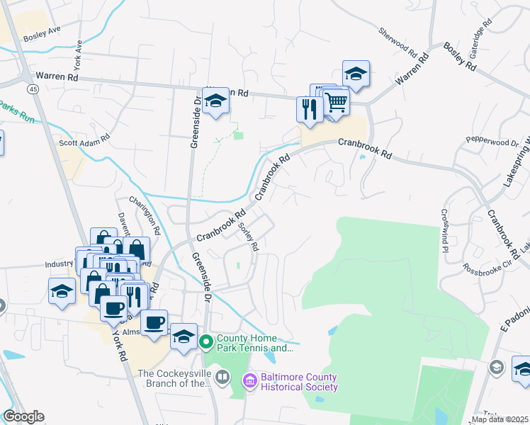 map of restaurants, bars, coffee shops, grocery stores, and more near 5 Summit Green Court in Cockeysville