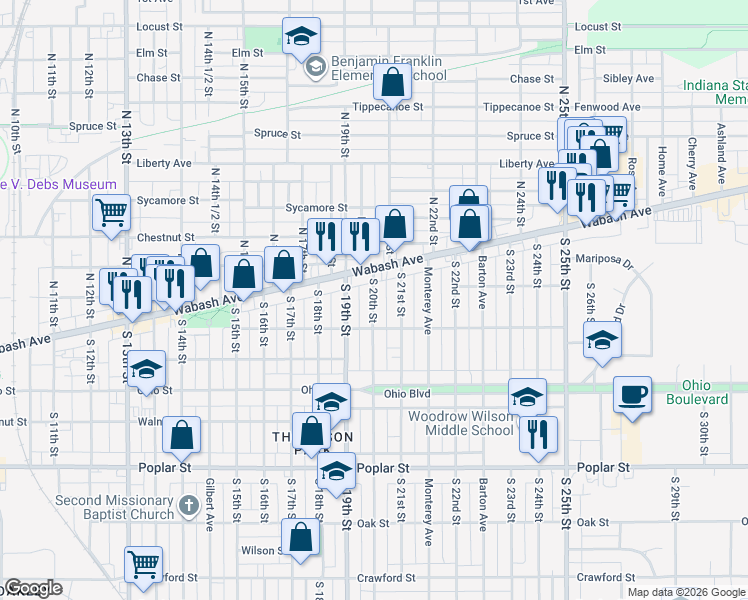map of restaurants, bars, coffee shops, grocery stores, and more near 52 South 20th Street in Terre Haute