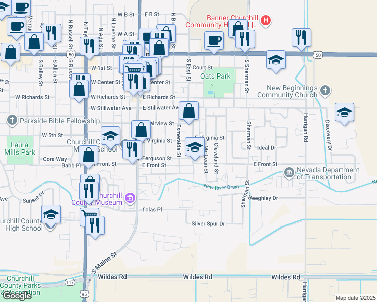 map of restaurants, bars, coffee shops, grocery stores, and more near 325 Ferguson Street in Fallon