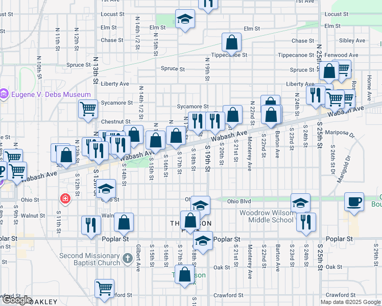 map of restaurants, bars, coffee shops, grocery stores, and more near 37 South 18th Street in Terre Haute