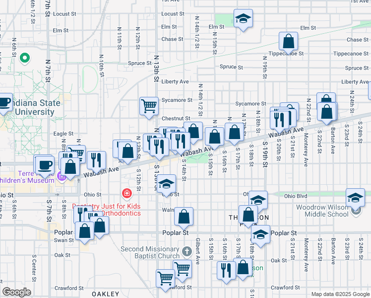 map of restaurants, bars, coffee shops, grocery stores, and more near 2520 Wabash Avenue in Terre Haute