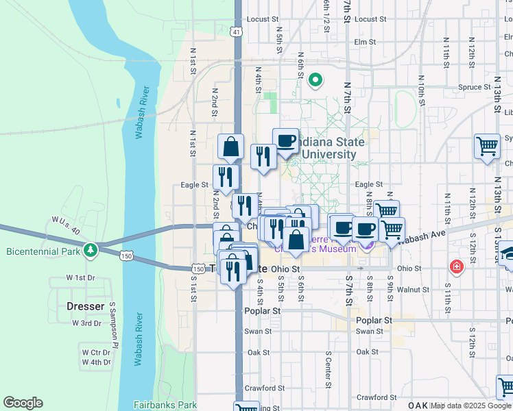 map of restaurants, bars, coffee shops, grocery stores, and more near 131 North 4th Street in Terre Haute