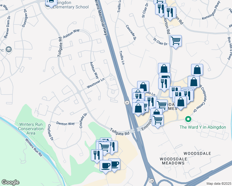 map of restaurants, bars, coffee shops, grocery stores, and more near 201 Cross Pointe Court in Abingdon