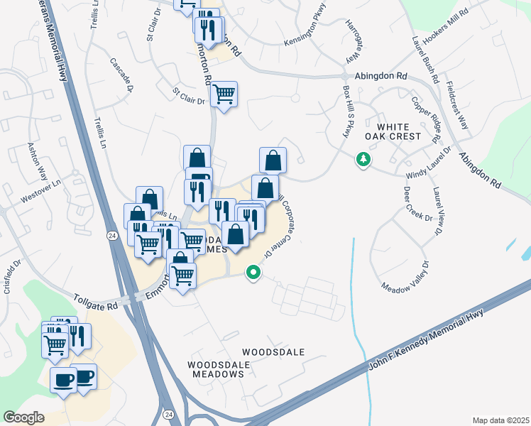map of restaurants, bars, coffee shops, grocery stores, and more near 3411 Merchant Boulevard in Abingdon