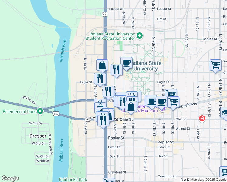map of restaurants, bars, coffee shops, grocery stores, and more near 400 Mulberry Street in Terre Haute