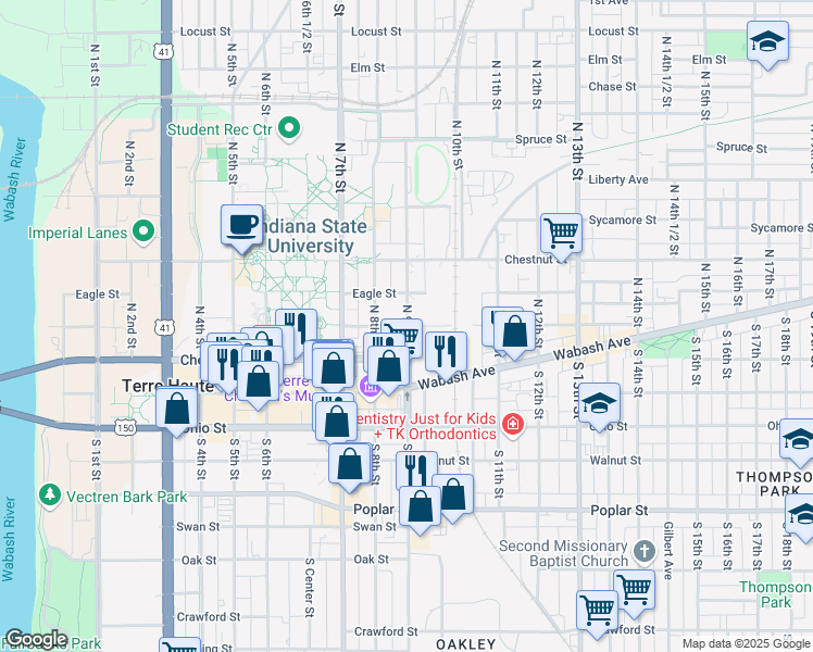 map of restaurants, bars, coffee shops, grocery stores, and more near 198 North 9th Street in Terre Haute