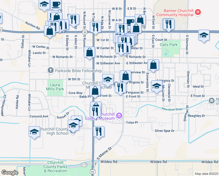 map of restaurants, bars, coffee shops, grocery stores, and more near 650 South Maine Street in Fallon