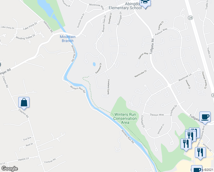 map of restaurants, bars, coffee shops, grocery stores, and more near 3171 Freestone Court in Abingdon
