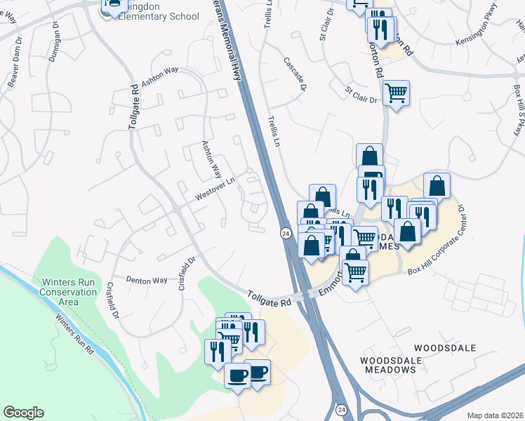 map of restaurants, bars, coffee shops, grocery stores, and more near 201 Cross Pointe Court in Abingdon