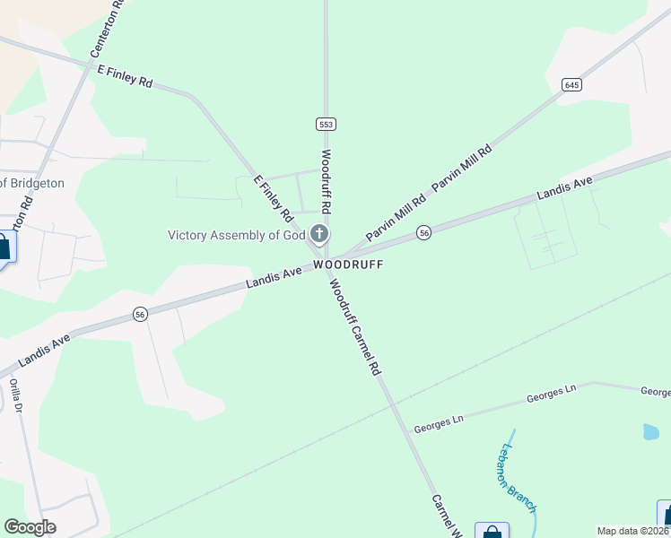 map of restaurants, bars, coffee shops, grocery stores, and more near 9 South Woodruff Road in Bridgeton
