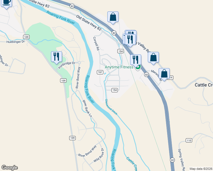 map of restaurants, bars, coffee shops, grocery stores, and more near County Road 154 in Glenwood Springs
