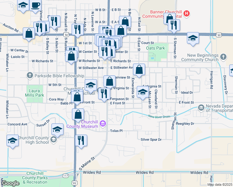 map of restaurants, bars, coffee shops, grocery stores, and more near 110 Ferguson Street in Fallon