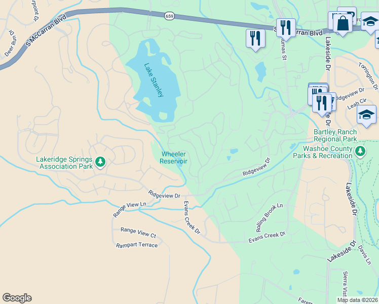 map of restaurants, bars, coffee shops, grocery stores, and more near 6096 Carriage House Way in Reno