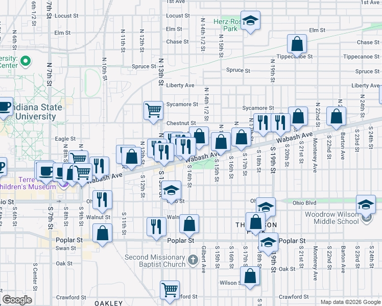 map of restaurants, bars, coffee shops, grocery stores, and more near 2520 Wabash Avenue in Terre Haute