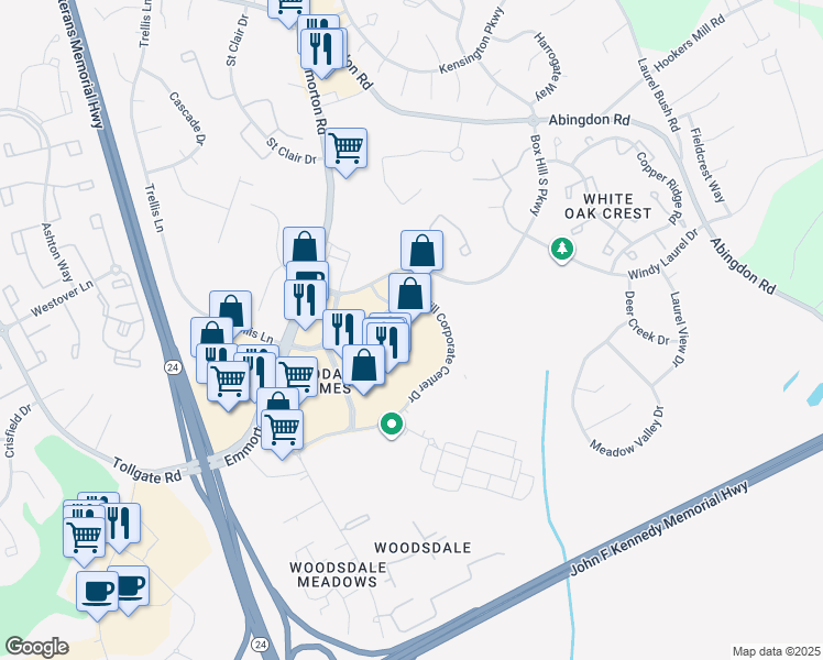 map of restaurants, bars, coffee shops, grocery stores, and more near 3411 Merchant Boulevard in Abingdon