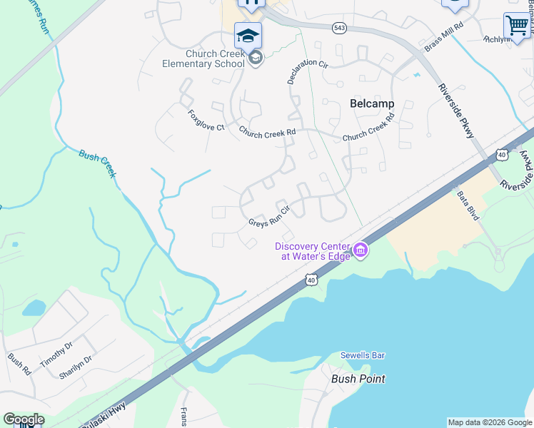 map of restaurants, bars, coffee shops, grocery stores, and more near 4332 Horner Lane in Belcamp