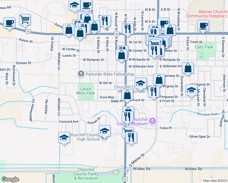 map of restaurants, bars, coffee shops, grocery stores, and more near 525 Nadine Drive in Fallon