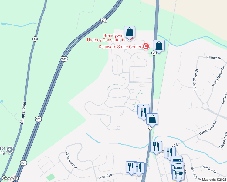 map of restaurants, bars, coffee shops, grocery stores, and more near 508 Whispering Trail in Middletown