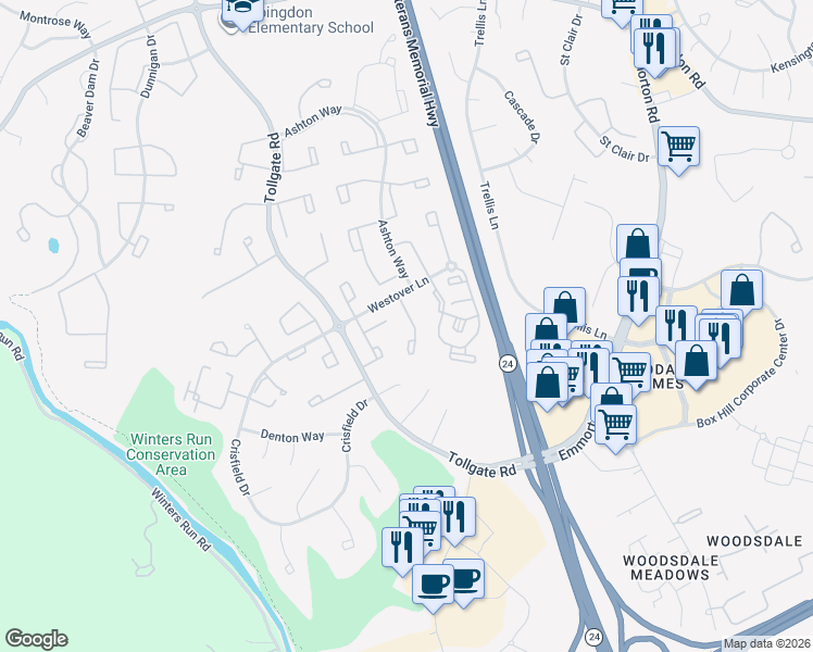 map of restaurants, bars, coffee shops, grocery stores, and more near 3424 Howell Court in Abingdon