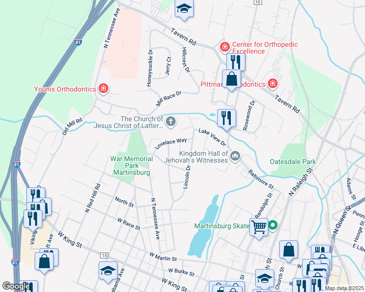 map of restaurants, bars, coffee shops, grocery stores, and more near 501 Cara Court in Martinsburg