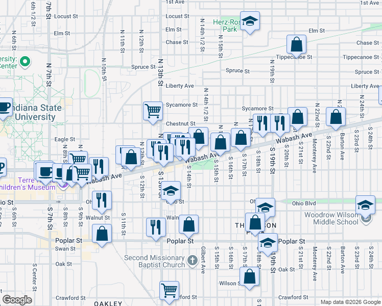 map of restaurants, bars, coffee shops, grocery stores, and more near 2520 Wabash Avenue in Terre Haute